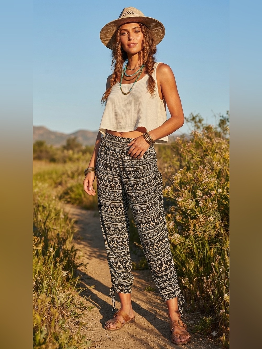 🌴 Boho Chic Black & White Patterned Harem Pants 🌙